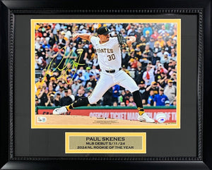 Paul Skenes Autographed Pittsburgh Pirates MLB Debut Signed Baseball 11x14 Framed Photo Hologram COA-Powers Sports Memorabilia