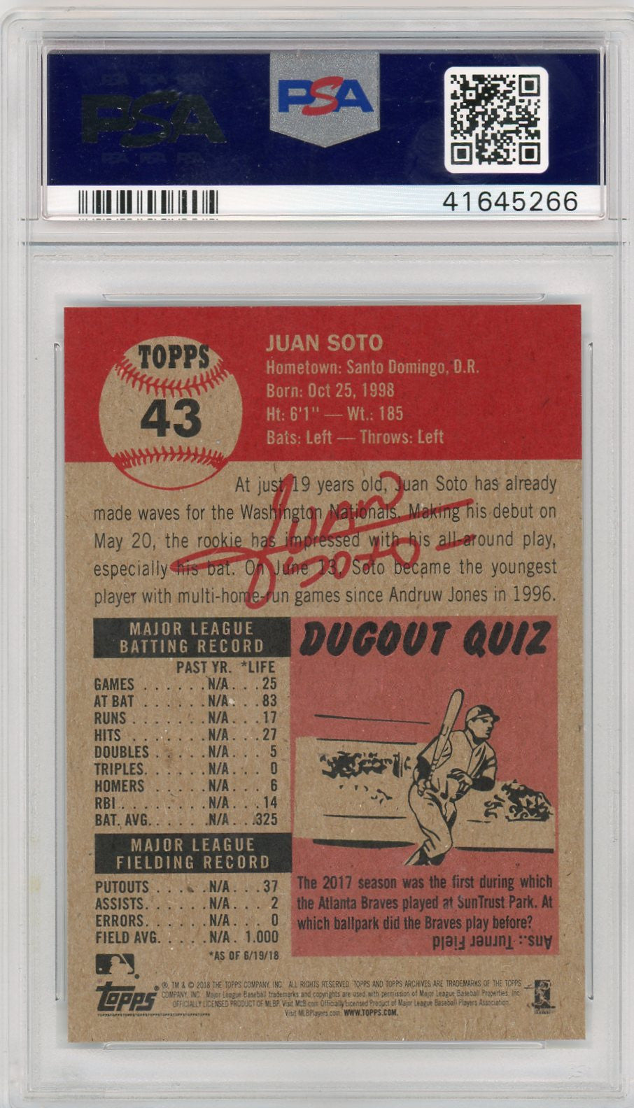 Juan Soto 2018 Topps Living Baseball Rookie Card RC #43 Graded PSA 10 GEM MINT