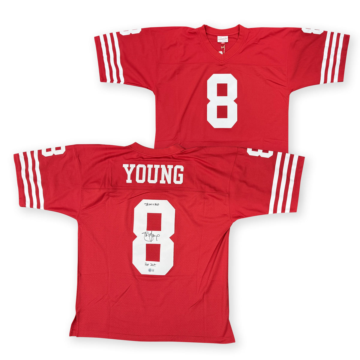 Steve Young Autographed San Francisco 49ers Signed Mitchell & Ness Football Jersey SUPER BOWL XXIX MVP Hall of Fame HOF 2005 Beckett Witness Authenticated-Powers Sports Memorabilia