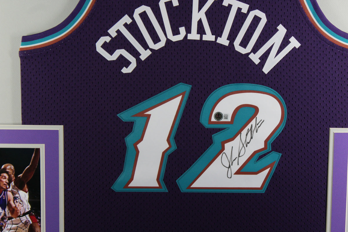 John Stockton Autographed Utah Jazz Mitchell &amp; Ness Purple Swingman Signed Basketball Framed Jersey Beckett COA-Powers Sports Memorabilia