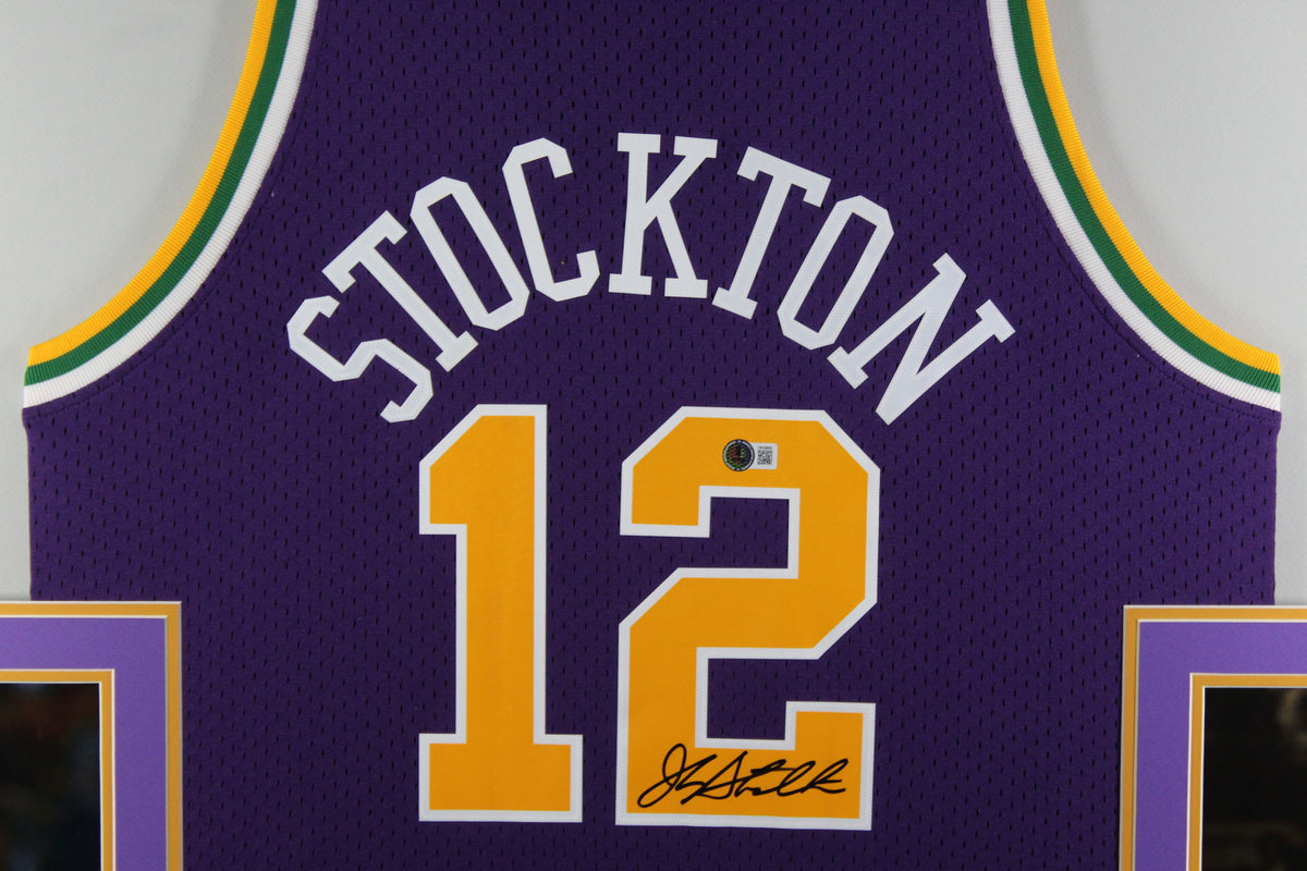 John Stockton Autographed Utah Jazz Mitchell & Ness Purple Throwback Swingman Signed Basketball Framed Jersey Beckett COA-Powers Sports Memorabilia