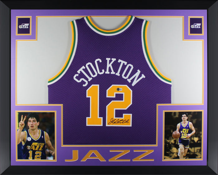 John Stockton Autographed Utah Jazz Mitchell & Ness Purple Throwback Swingman Signed Basketball Framed Jersey Beckett COA-Powers Sports Memorabilia