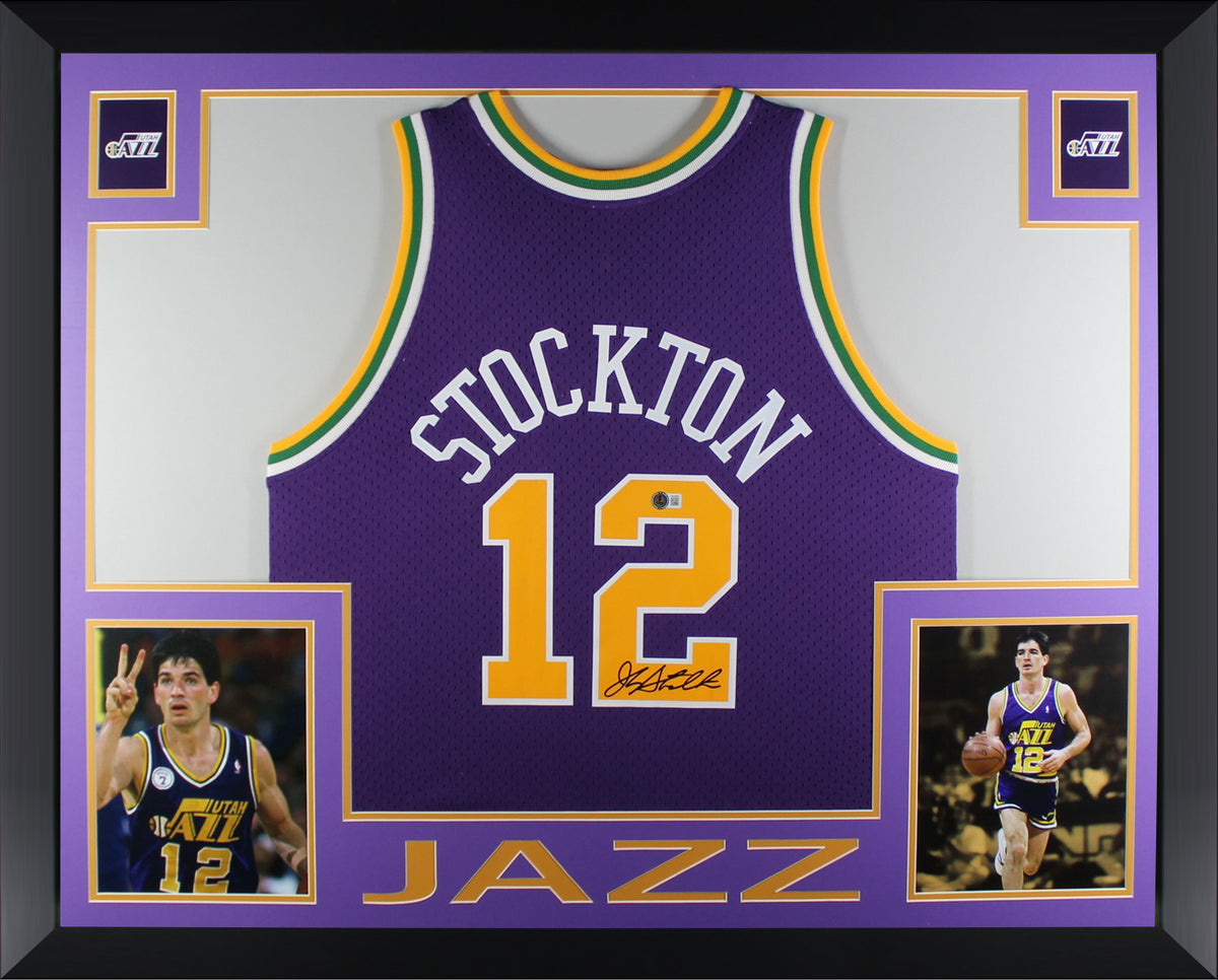 John Stockton Autographed Utah Jazz Mitchell & Ness Purple Throwback Swingman Signed Basketball Framed Jersey Beckett COA-Powers Sports Memorabilia