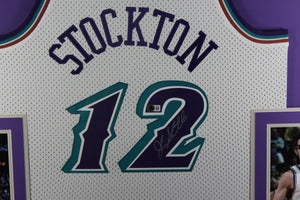 John Stockton Autographed Utah Jazz Mitchell & Ness White Swingman Signed Basketball Framed Jersey Beckett COA