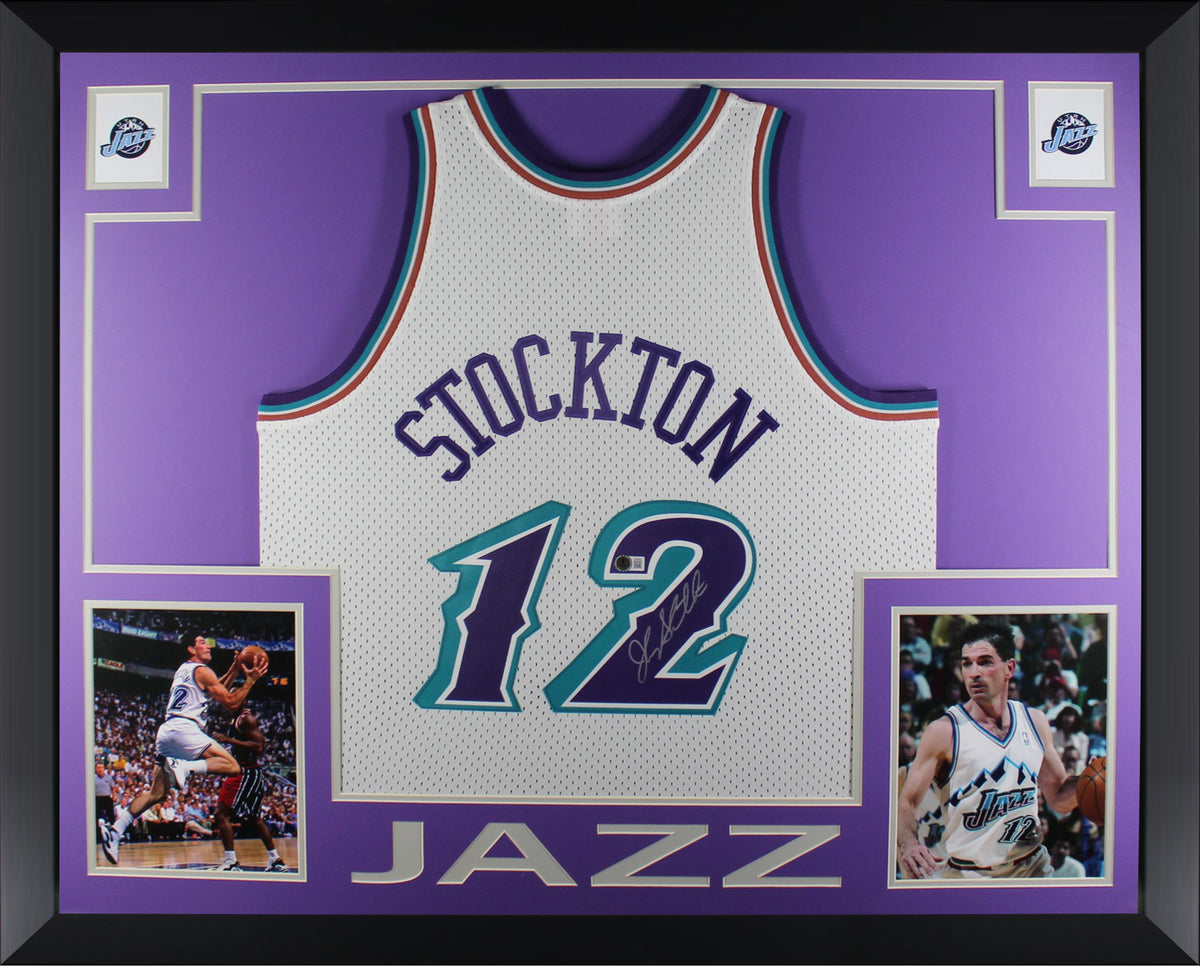 John Stockton Autographed Utah Jazz Mitchell &amp; Ness White Swingman Signed Basketball Framed Jersey Beckett COA-Powers Sports Memorabilia