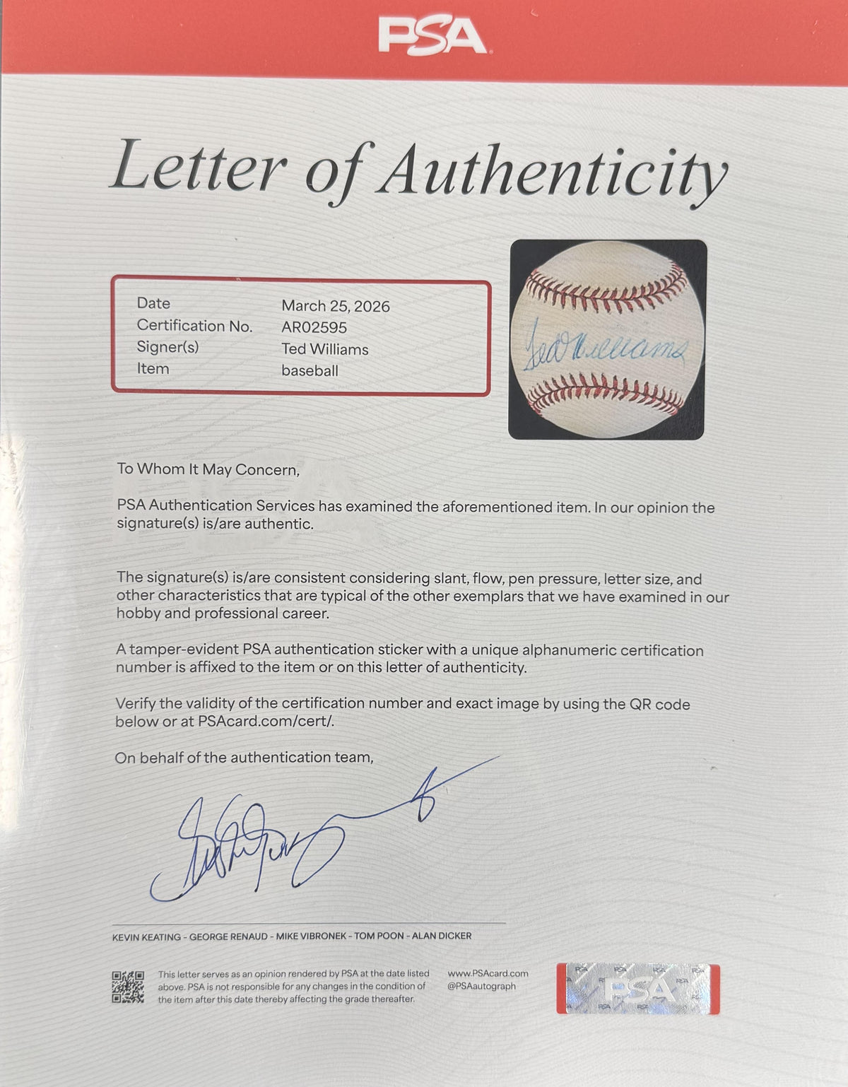 Ted Williams Autographed Boston Red Sox Signed American League Baseball PSA DNA COA With UV Display Case AR25095