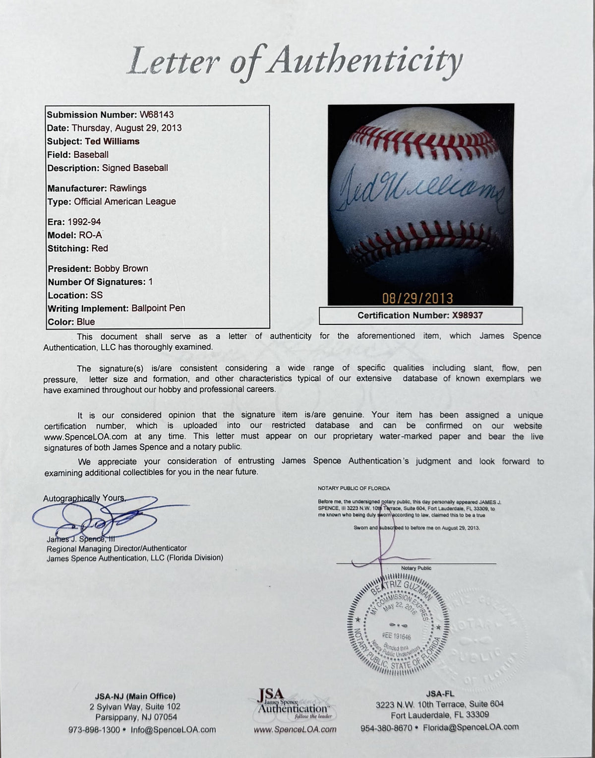 Ted Williams Autographed Boston Red Sox Signed American League Baseball JSA COA With UV Display Case X98937