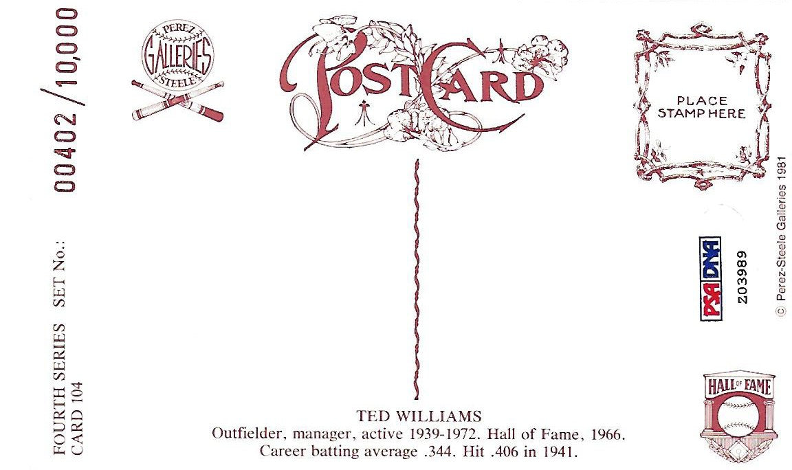 Ted Williams Autographed Boston Red Sox Perez Steele Postcard PSA/DNA Authenticated-Powers Sports Memorabilia
