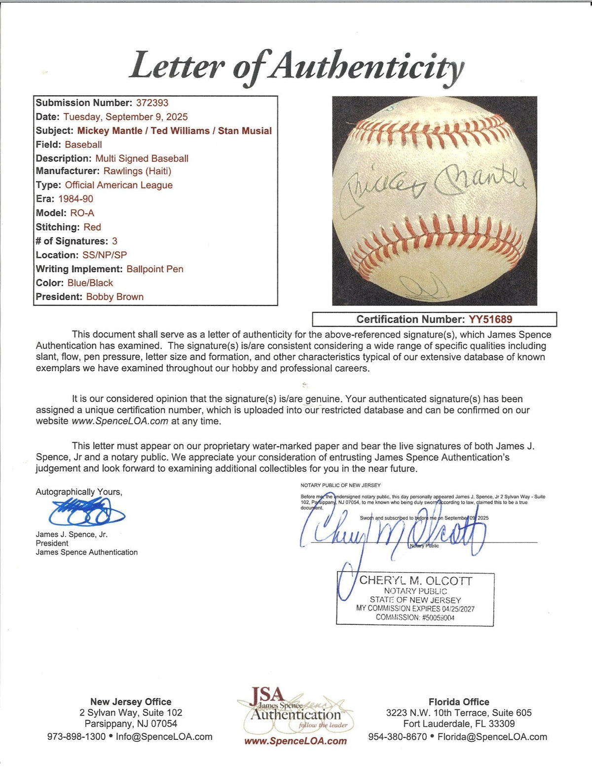 Mantle Williams Musial Signed Rawlings OAL Baseball (JSA LOA)-Powers Sports Memorabilia