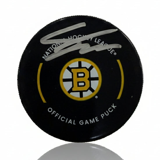 Fraser Minten Boston Bruins Signed 2025 Game Model Puck-Powers Sports Memorabilia