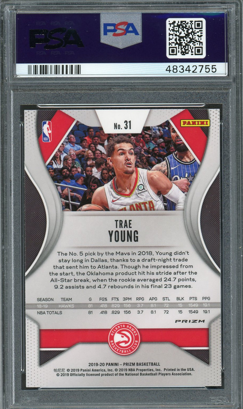 Trae Young 2019 Panini Silver Prizm Basketball Card #31 Graded PSA 10 GEM MINT-Powers Sports Memorabilia