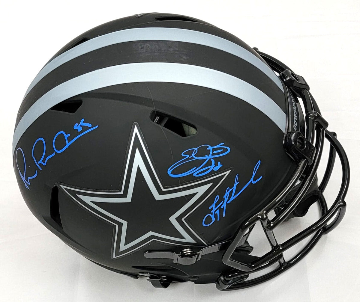 Troy Aikman Michael Irvin and Emmitt Smith Autographed Dallas Cowboys Riddell Eclipse Speed Authentic Helmet Beckett Witness-Powers Sports Memorabilia