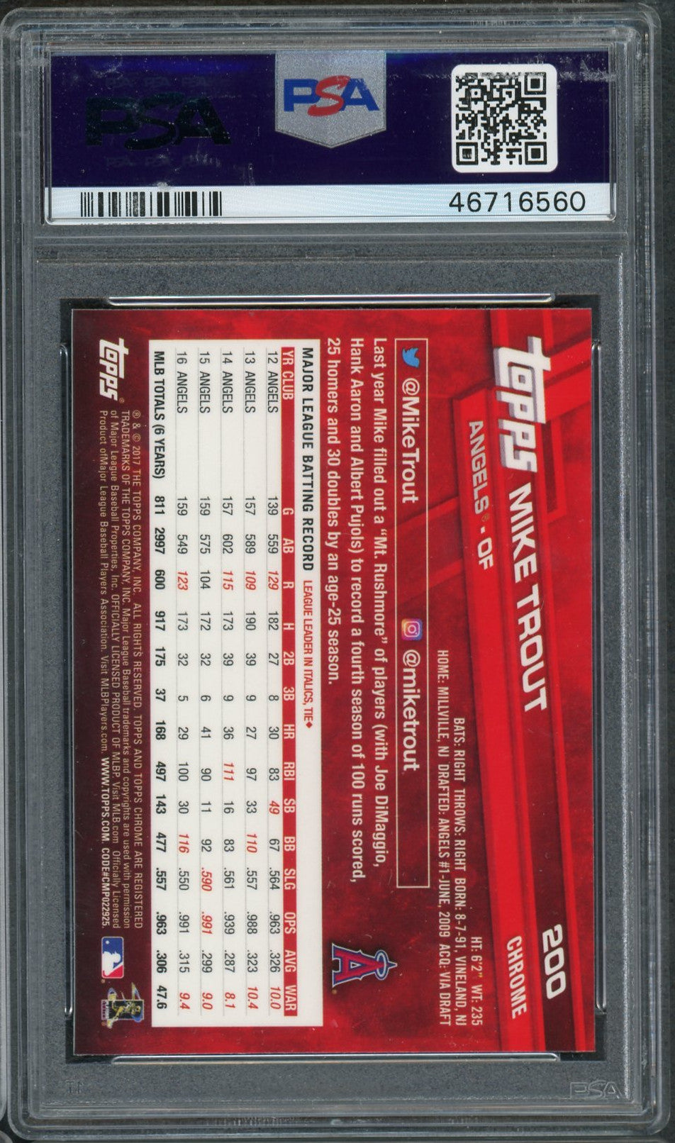 Mike Trout 2017 Topps Chrome White Jersey Baseball Card #200 Graded PSA 10 GEM MINT-Powers Sports Memorabilia