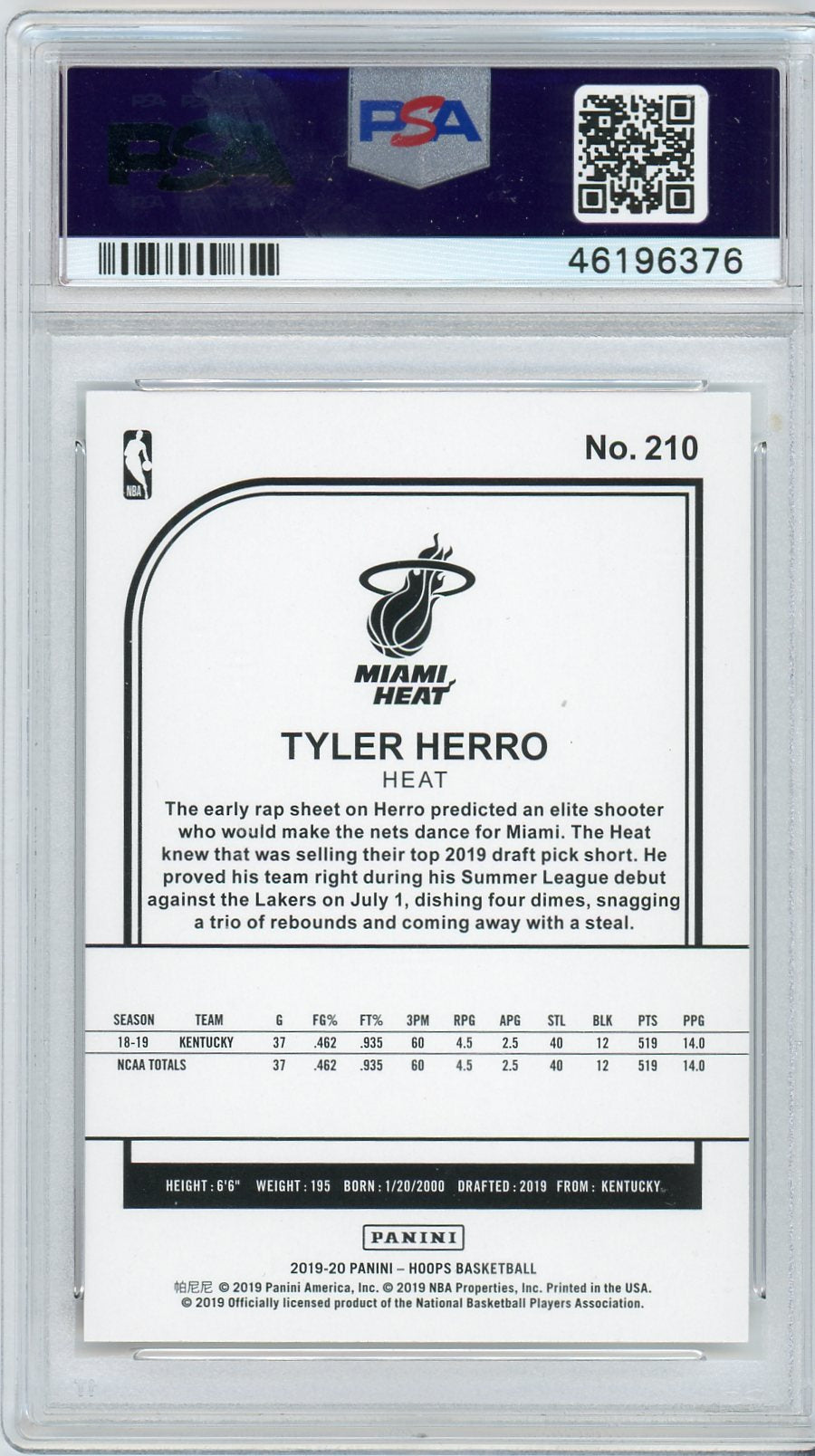 Tyler Herro 2019 Panini Hoops Basketball Rookie Card RC #210 Graded PSA 9 MINT-Powers Sports Memorabilia