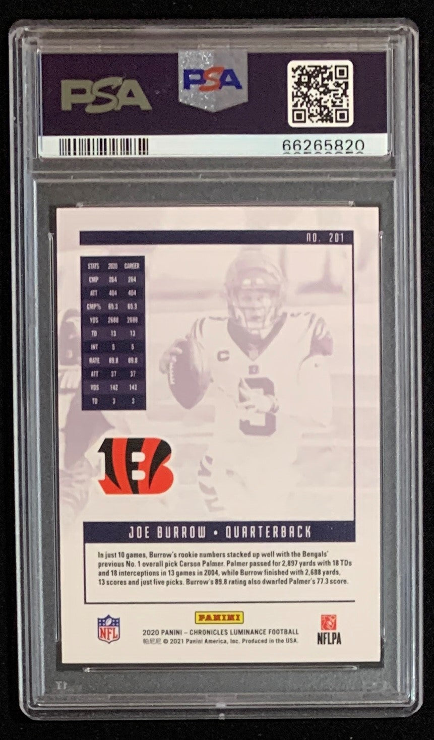 Joe Burrow 2020 Panini Chronicles Luminance Football Rookie Card #201 Graded PSA 10-Powers Sports Memorabilia