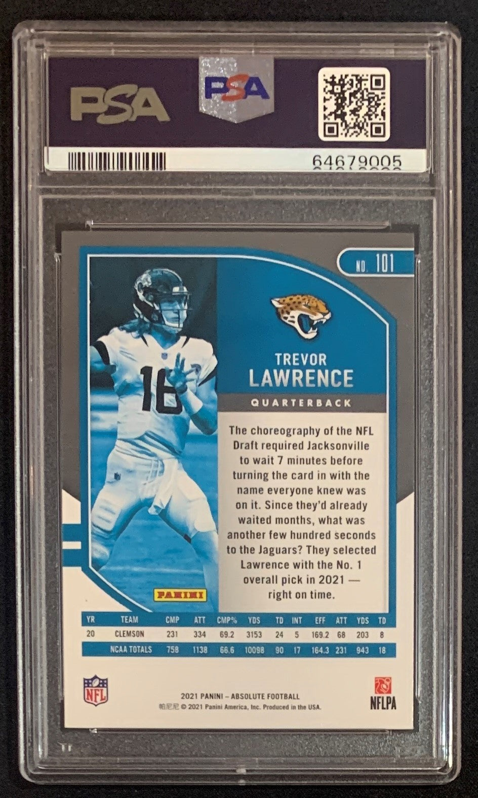 Trevor Lawrence 2021 Panini Absolute Football Rookie Card RC #101 Graded PSA 10-Powers Sports Memorabilia
