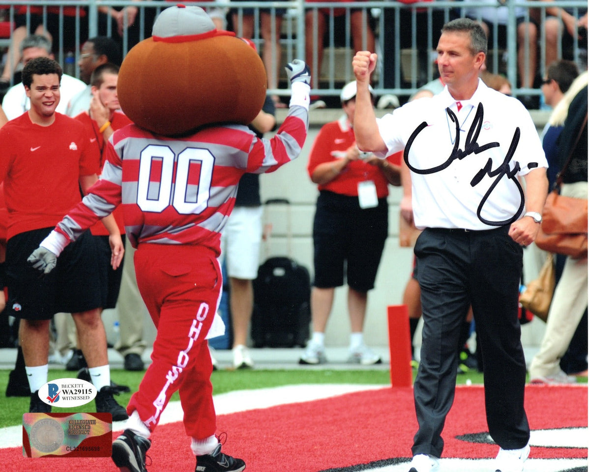 Urban Meyer Autographed Ohio State Buckeyes Fist Bump with Brutus 8x10 Photo Beckett Witnessed-Powers Sports Memorabilia