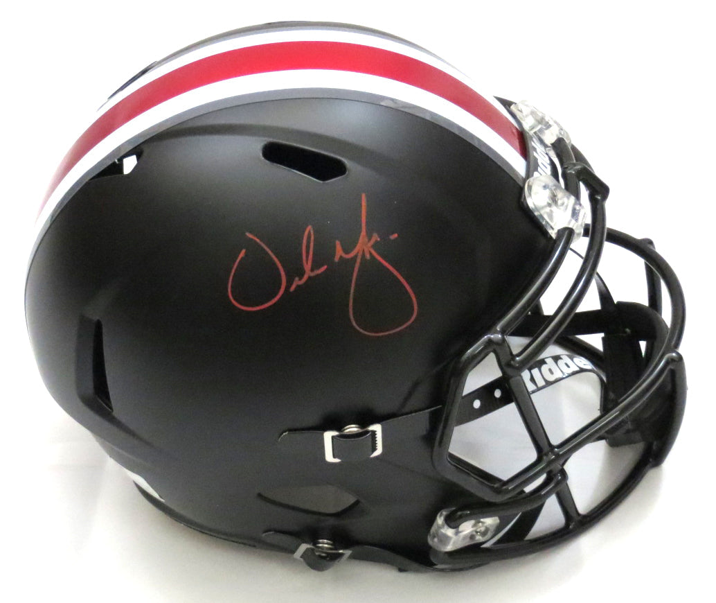 Urban Meyer Autographed Ohio State Buckeyes Riddell Black Replica Speed Helmet Beckett Witness Red Paint-Powers Sports Memorabilia