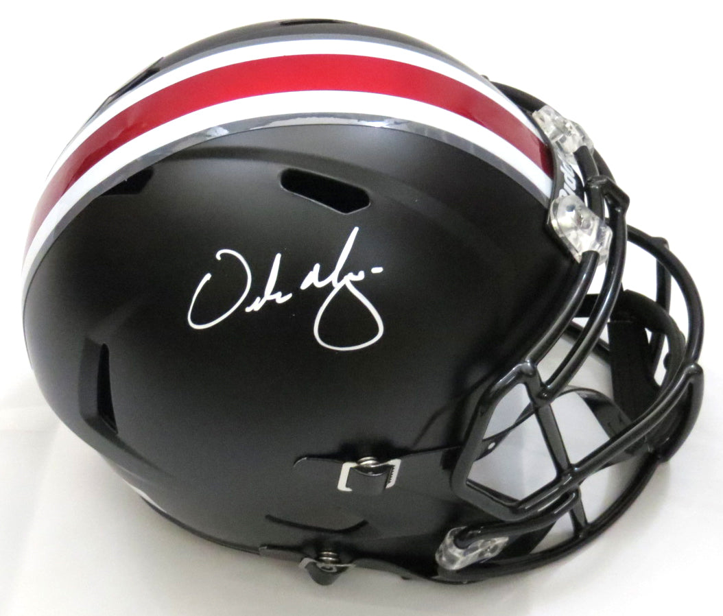 Urban Meyer Autographed Ohio State Buckeyes Riddell Black Replica Speed Helmet Beckett Witness White Paint-Powers Sports Memorabilia