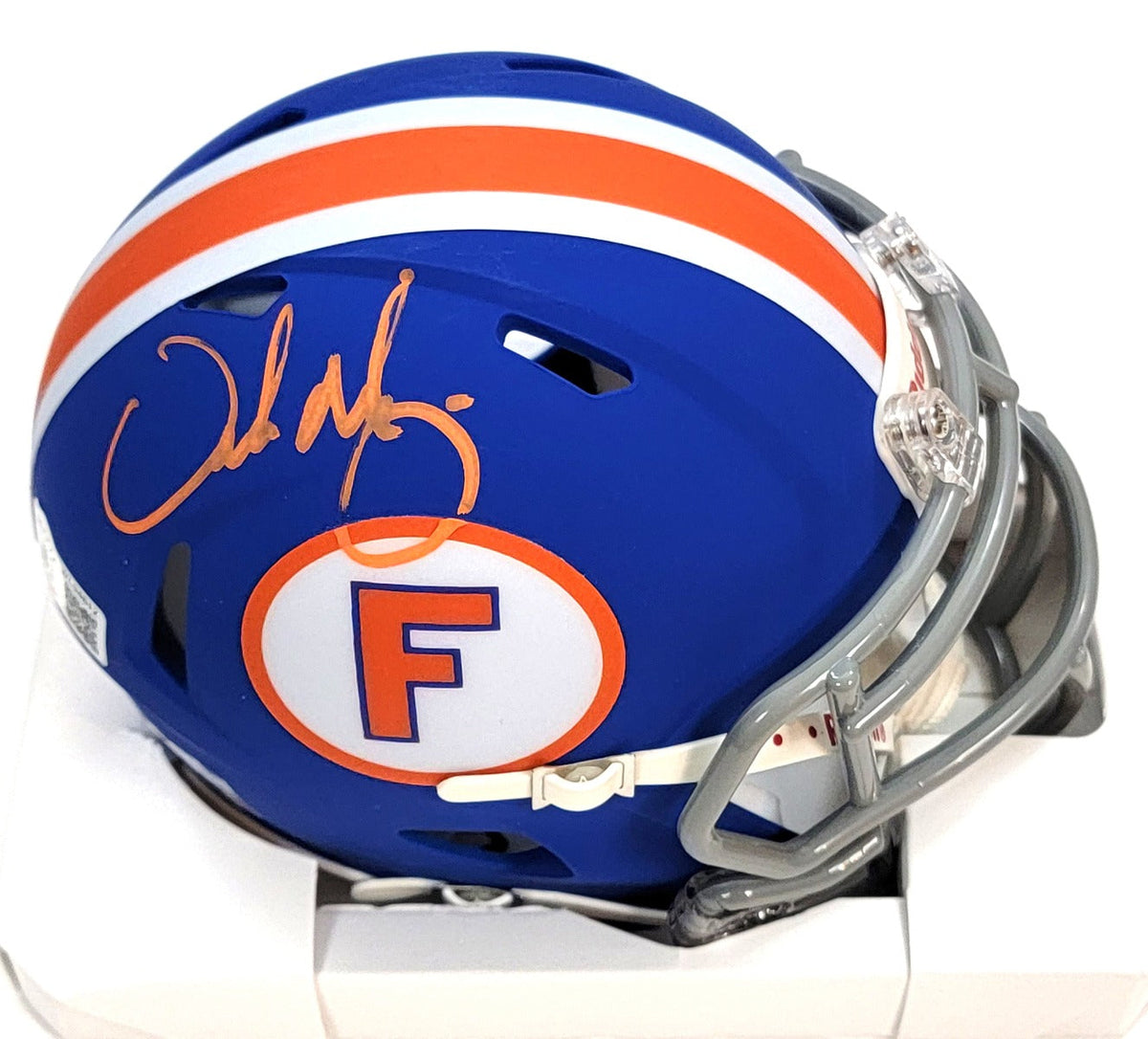 Urban Meyer Autographed Florida Gators Blue T/B Riddell Mini Helmet Beckett Witnessed-Powers Sports Memorabilia
