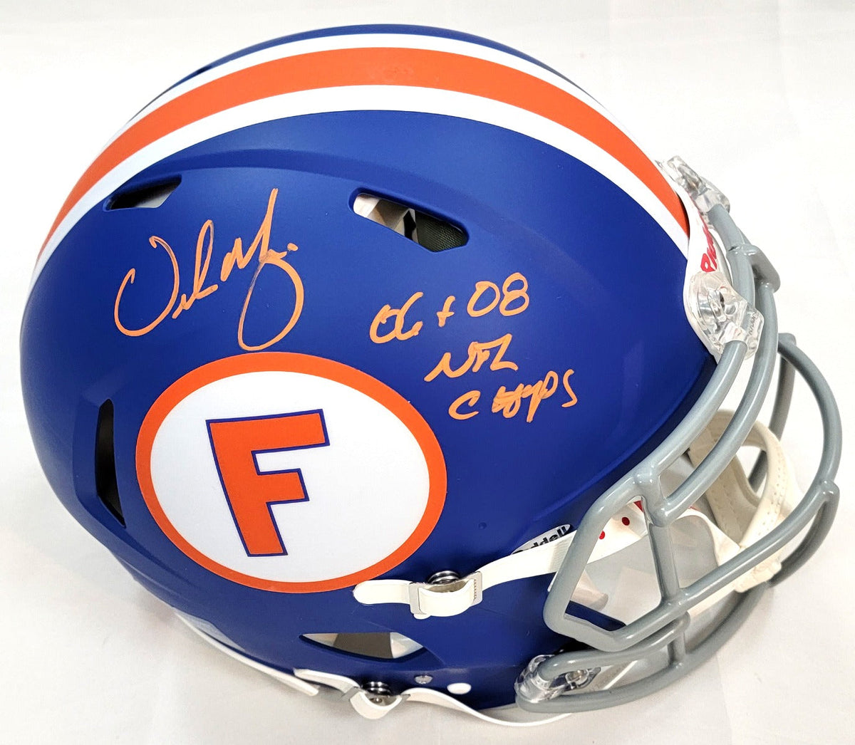 Urban Meyer Autographed Florida Gators Alternate Blue Riddell Authentic Helmet W/ 06 & 08 National Champs Beckett Witnessed-Powers Sports Memorabilia