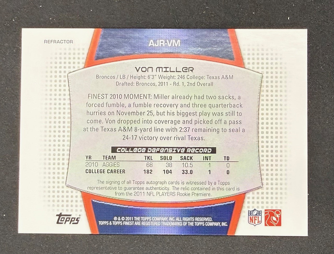 Von Miller 2011 Topps Finest Refractor Signed Football Rookie Patch Card #AJR-VM Auto 13/75-Powers Sports Memorabilia
