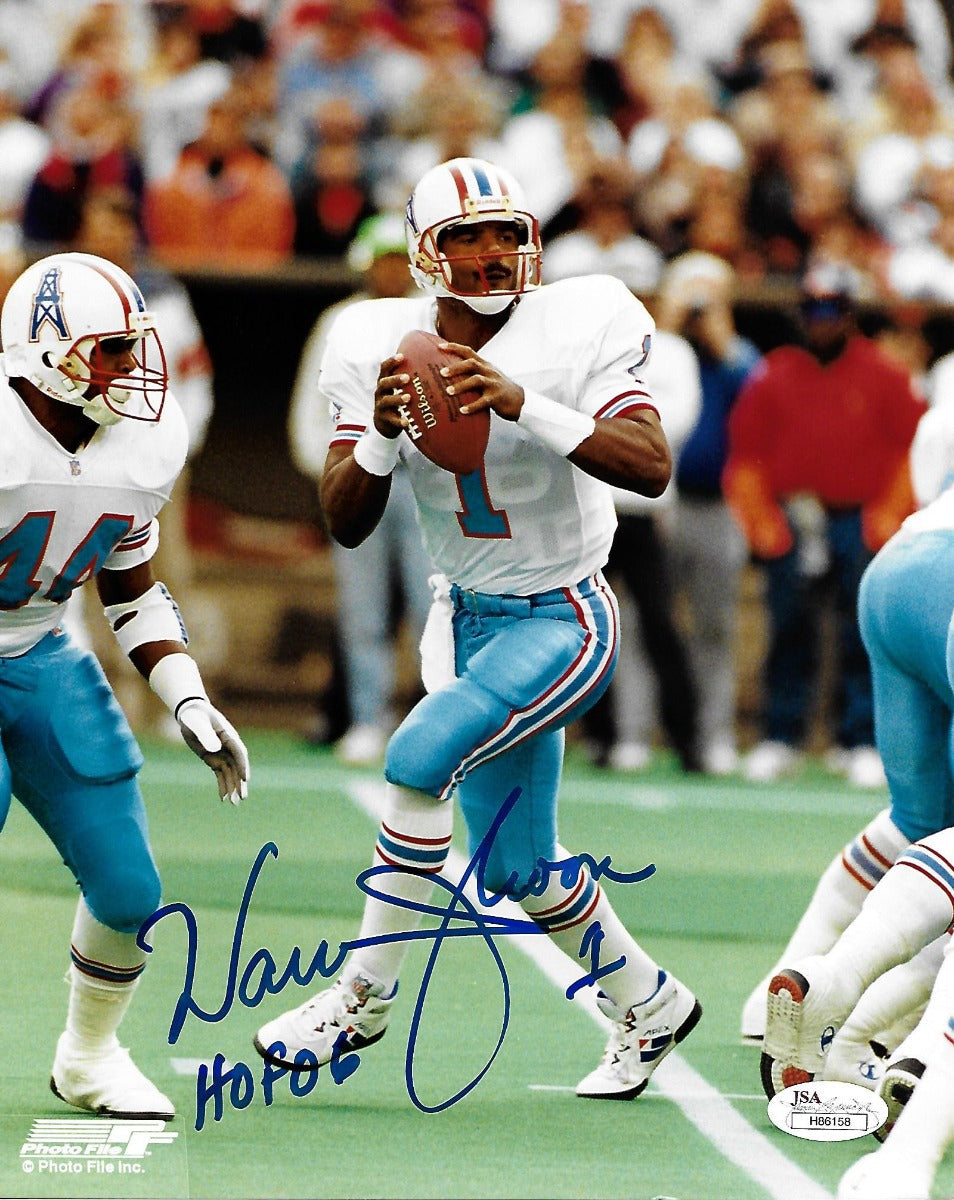 Warren Moon Autographed Houston Oilers 8x10 Photo W/ HOF 06 JSA Witnessed-Powers Sports Memorabilia