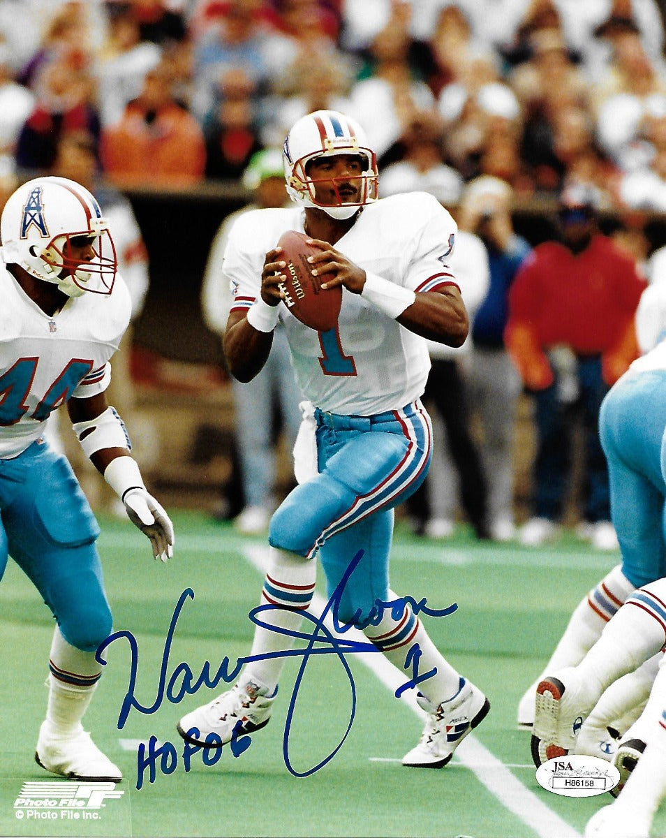 Warren Moon Signed Houston Oilers 8x10 Photo W/ HOF 06 JSA Witnessed-Powers Sports Memorabilia