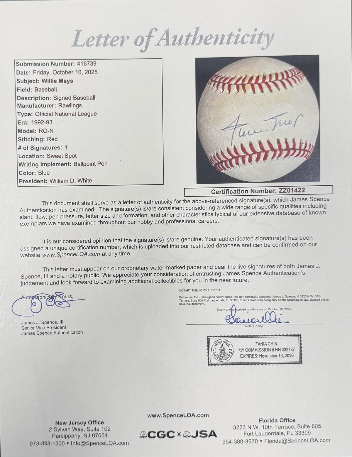 Willie Mays Autographed San Francisco Giants Signed National League Baseball JSA COA With UV Display Case ZZ01422