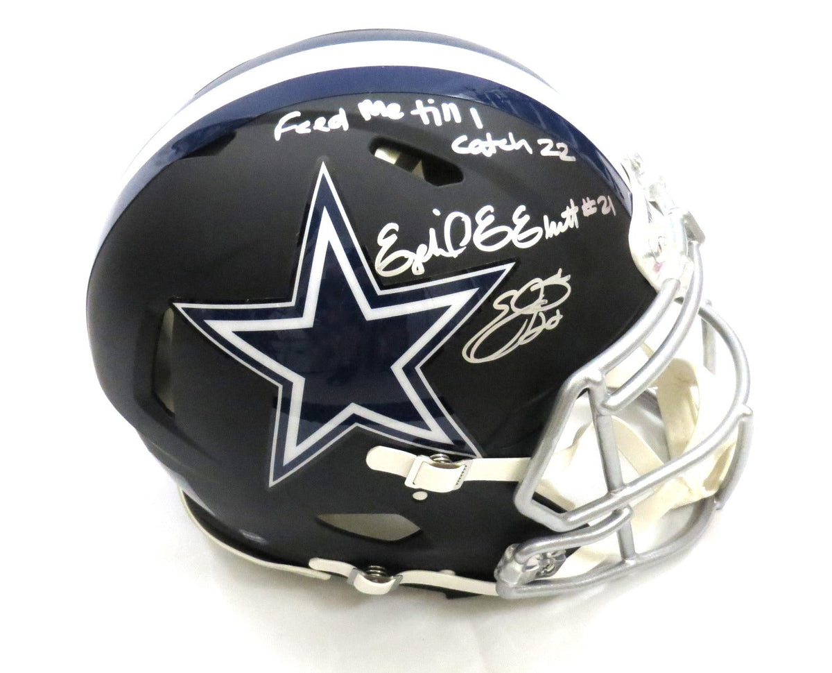 Emmitt Smith and Ezekiel Elliott Autographed Dallas Cowboys Riddell Flat Matte Black Speed Authentic Helmet W/ Feed Me Till I catch 22 Beckett Witness-Powers Sports Memorabilia