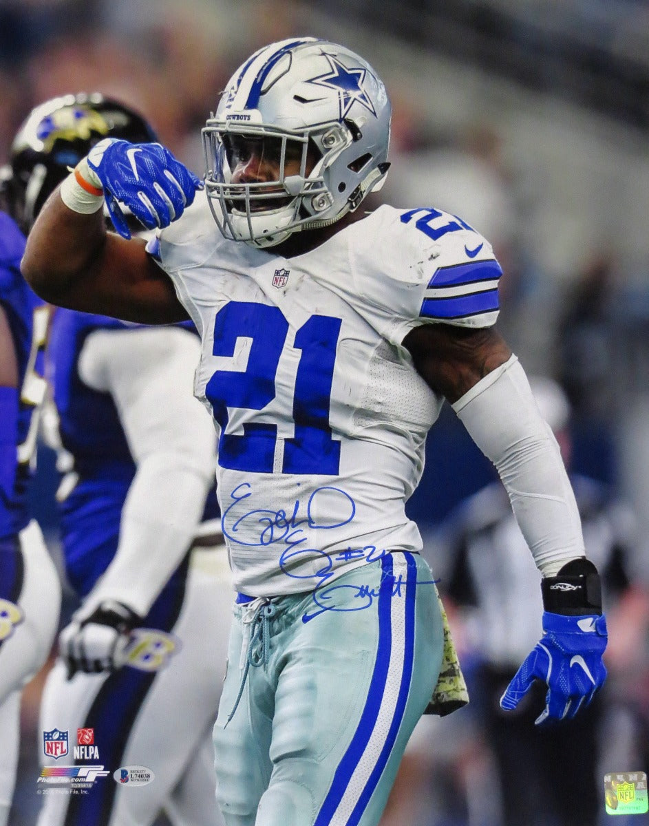 Ezekiel Elliott Autographed Dallas Cowboys Feed Me 16x20 Photo Beckett Witnessed-Powers Sports Memorabilia