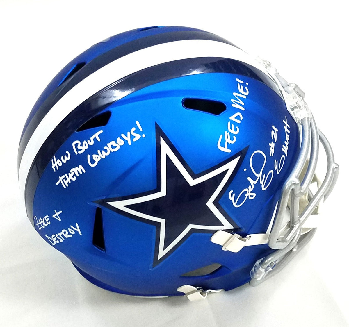 Ezekiel Elliott Autographed Dallas Cowboys Riddell Blaze Replica Helmet W/ Feed Me Zeke & Destroy & How Bout The Cowboys Beckett Witnessed-Powers Sports Memorabilia