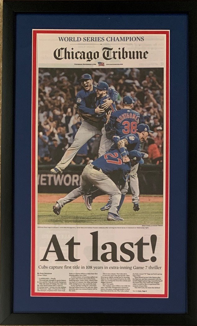 Chicago Cubs 2016 World Series Baseball Champions at Last Tribune Framed Newspaper Black Frame