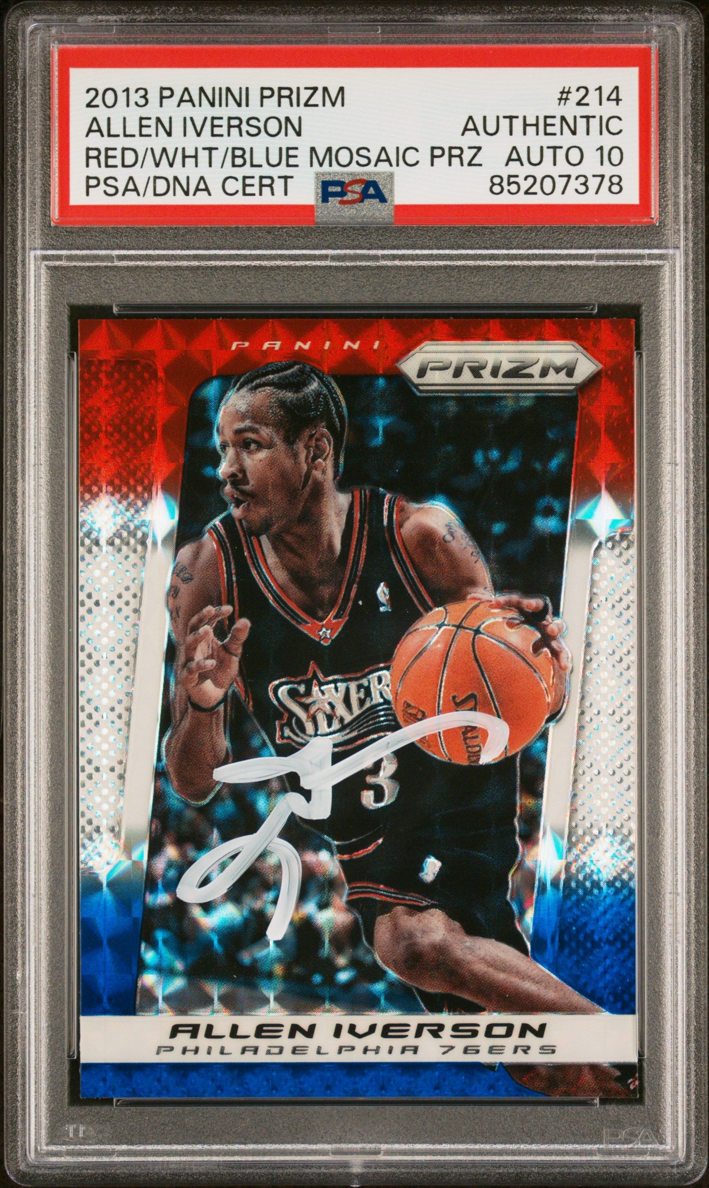 Allen Iverson 2013 Panini Prizm Red White Blue Mosaic Card #214 Auto PSA 10  7378