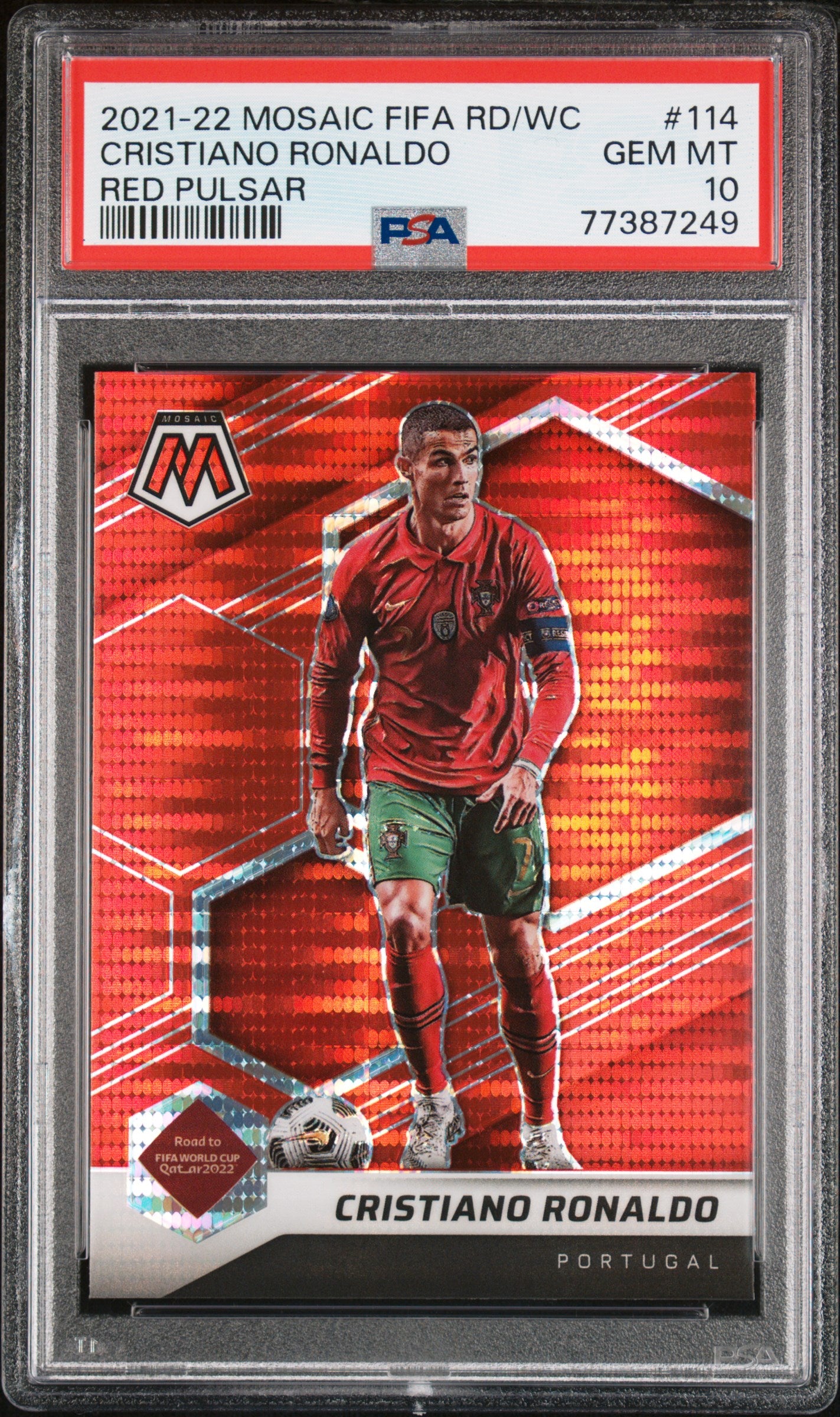 Cristiano Ronaldo 2021-22 Panini Mosaic Red Pulsar World Cup Card #114 PSA 10-Powers Sports Memorabilia