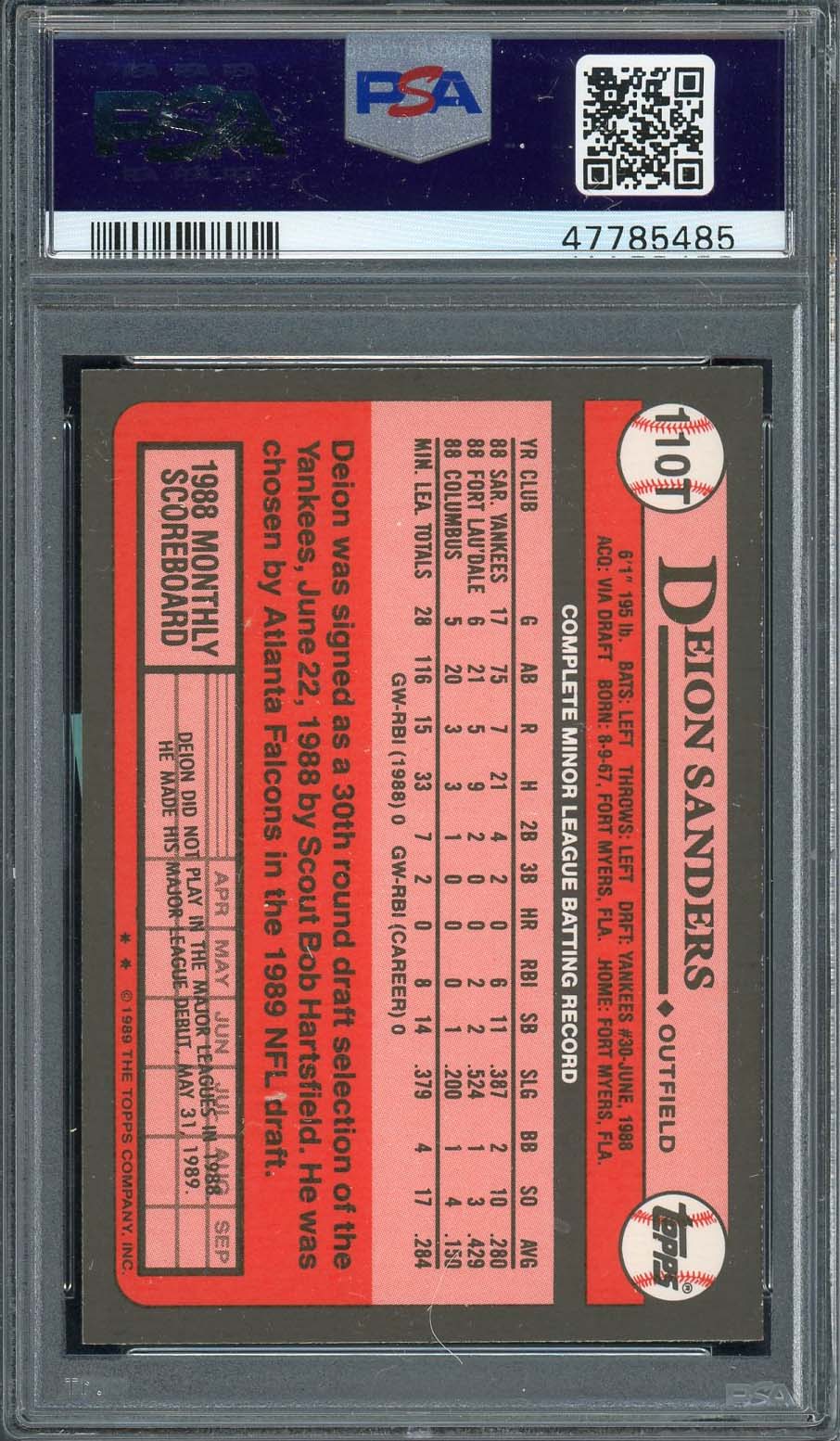 Deion Sanders 1989 Topps Traded Baseball Rookie Card RC #110T Graded P