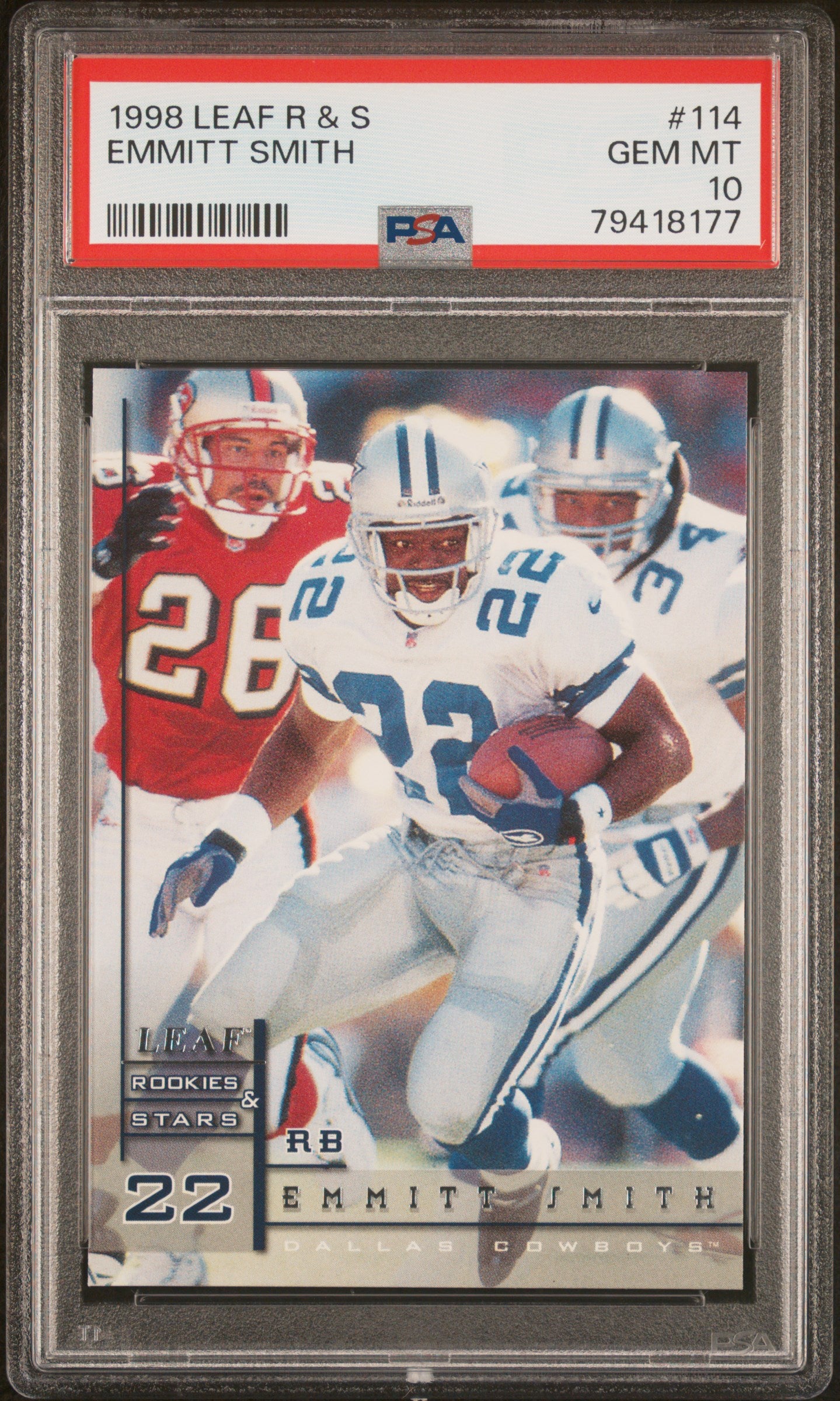 Emmitt Smith 1998 Leaf Rookies & Stars Football Card #114 Graded PSA 10