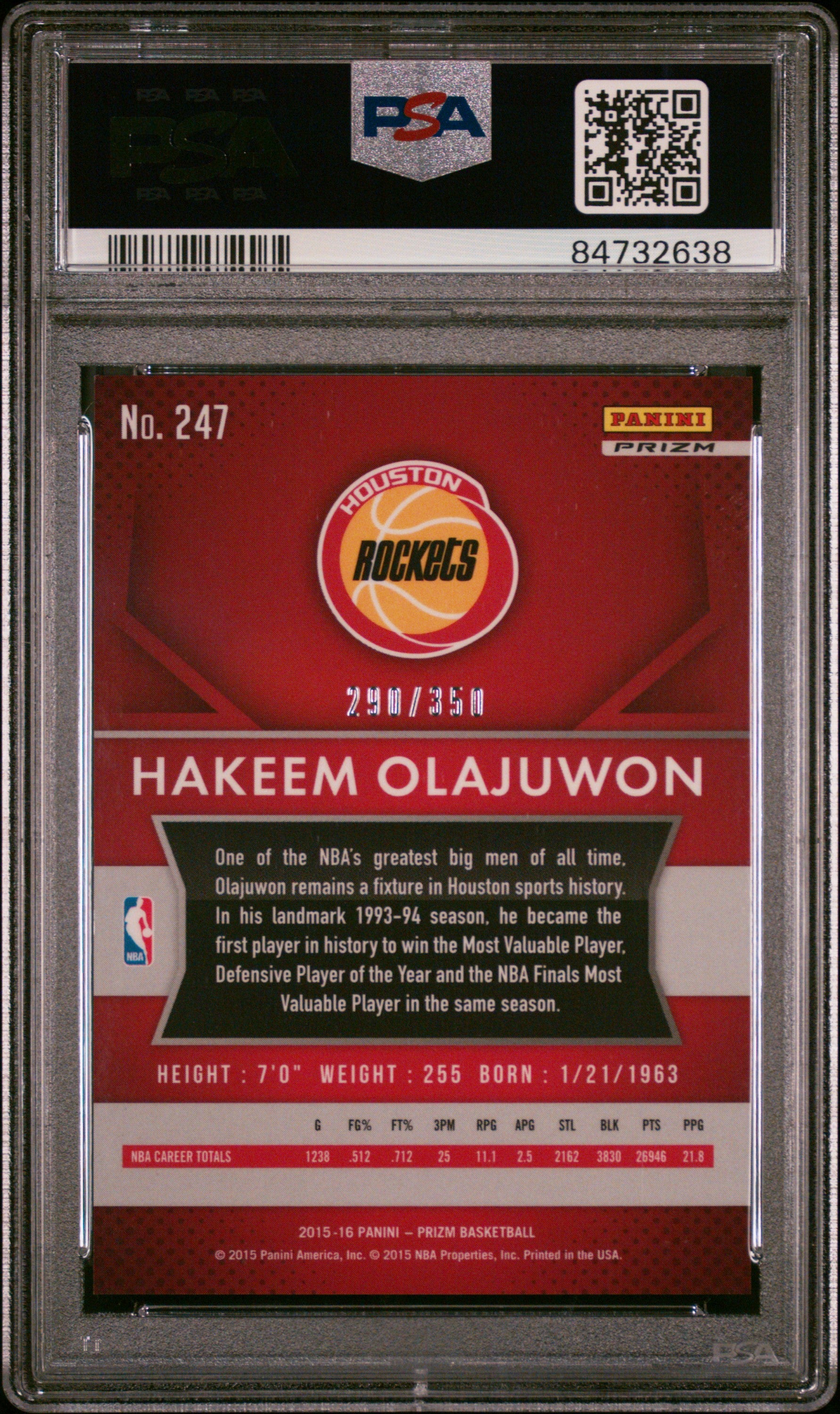 Hakeem Olajuwon 2015 Panini Prizm Red Ruby Wave Card #247 Graded PSA 10 290/350-Powers Sports Memorabilia