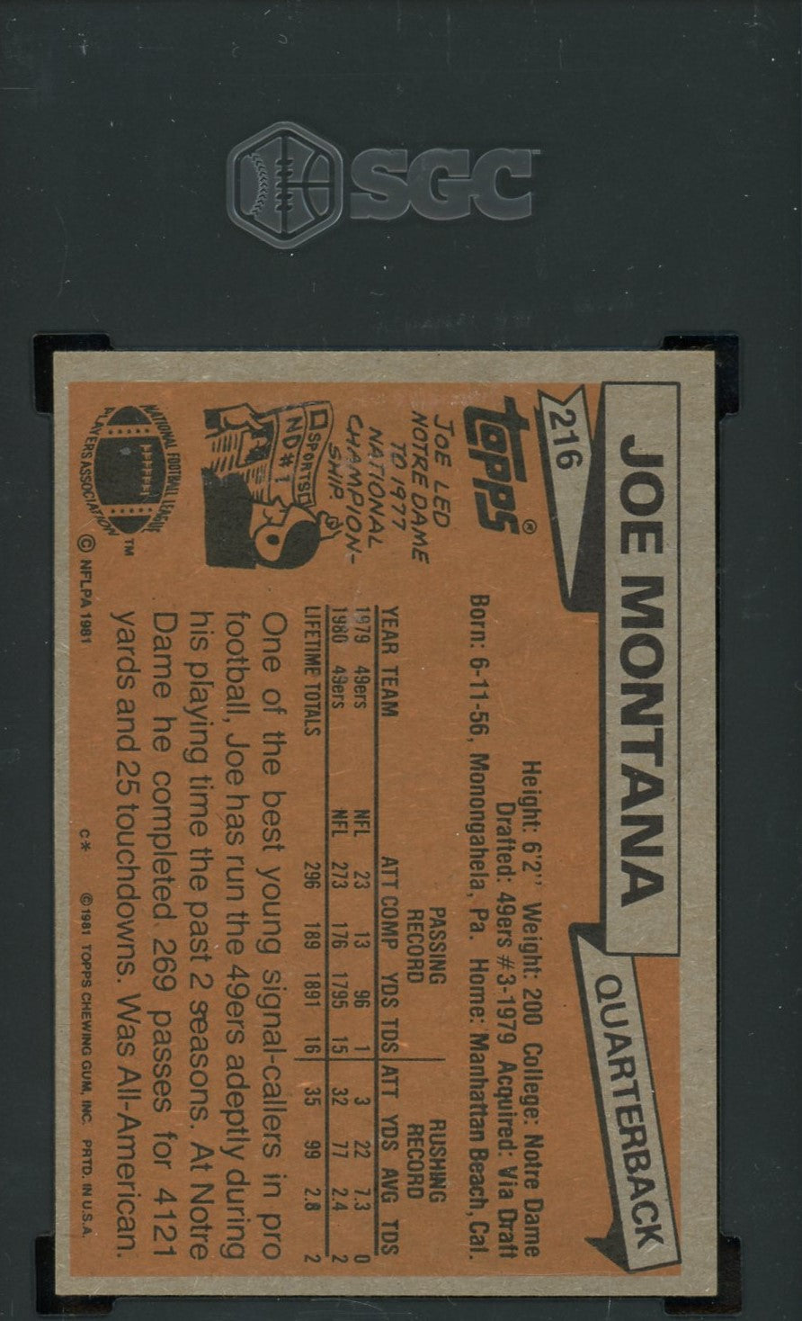 Joe Montana 1981 Topps Football Rookie Card #216 Graded SGC 7-Powers Sports Memorabilia