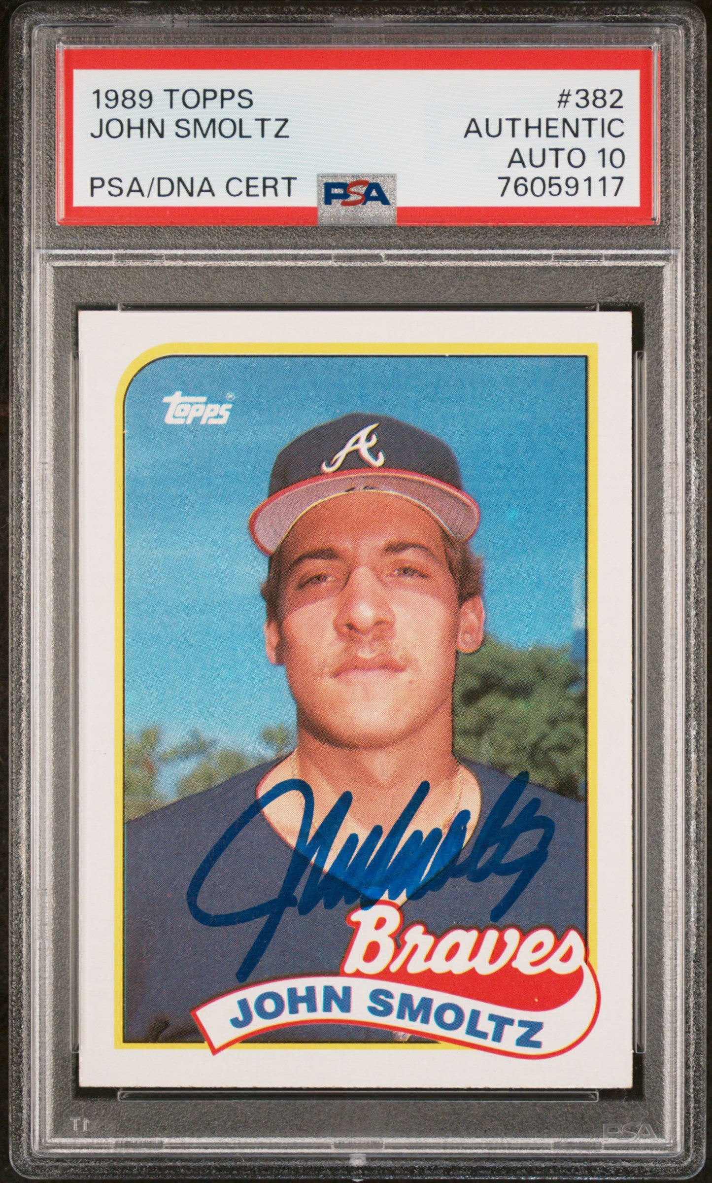 John Smoltz 1989 Topps Signed Baseball Rookie Card #382 Auto Graded PSA 10-Powers Sports Memorabilia