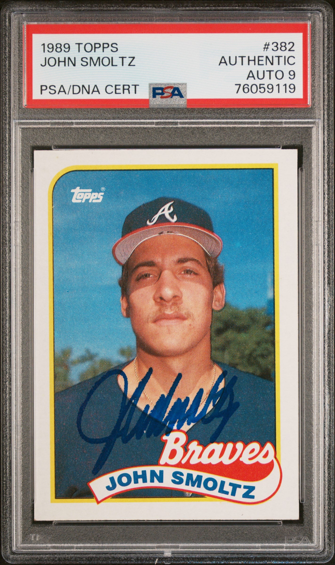John Smoltz 1989 Topps Signed Baseball Rookie Card #382 Auto Graded PSA 9-Powers Sports Memorabilia