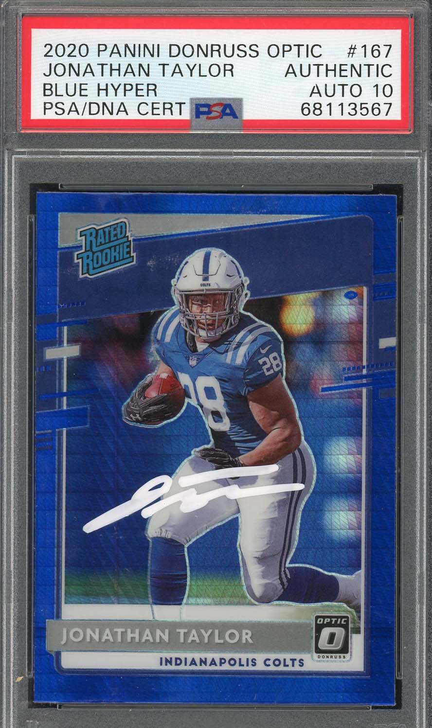 Jonathan Taylor 2020 Panini Optic Blue Hyper Rookie Card #167 Auto PSA