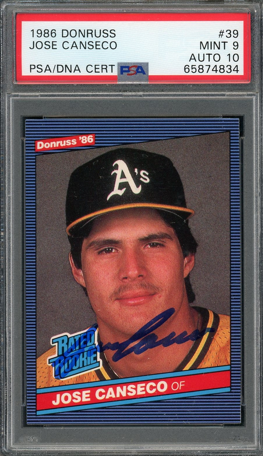 Jose Canseco 1986 Donruss Signed Rookie Card 39 Auto Graded PSA 10 65
