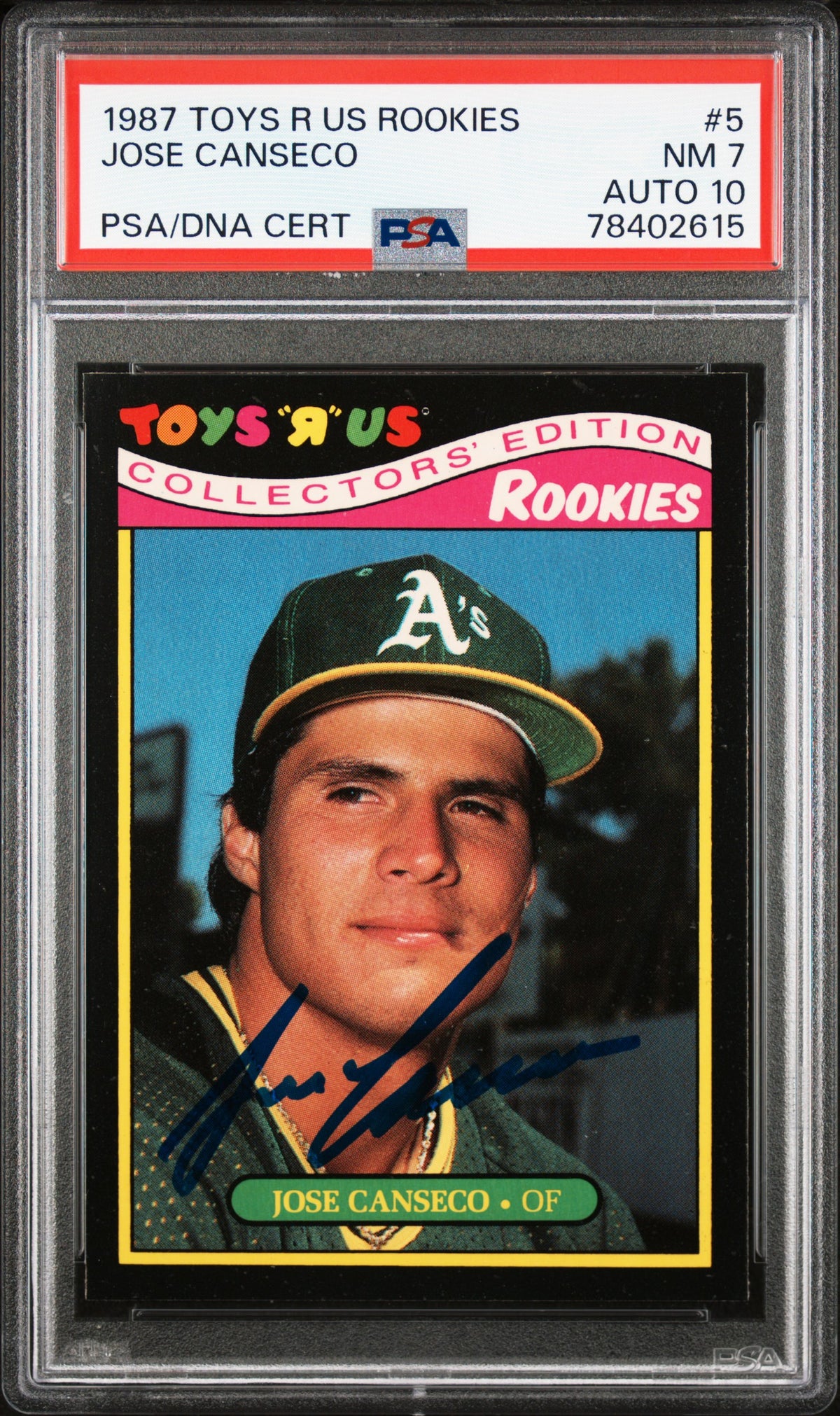 Jose Canseco 1987 Toys R Us Rookies Signed Card 5 Auto Graded PSA 10