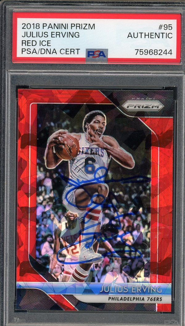Julius Erving 2018 Panini Prizm Red Ice Signed Card 95 Auto PSA 75968