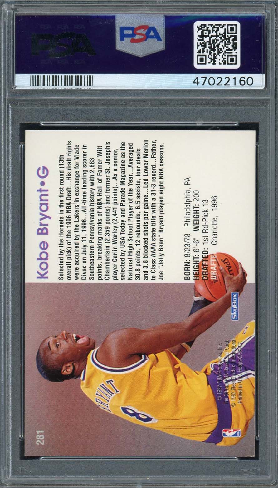 Kobe Bryant 1996 Hoops Rookie Basketball Card RC #281 Graded PSA 8-Powers Sports Memorabilia