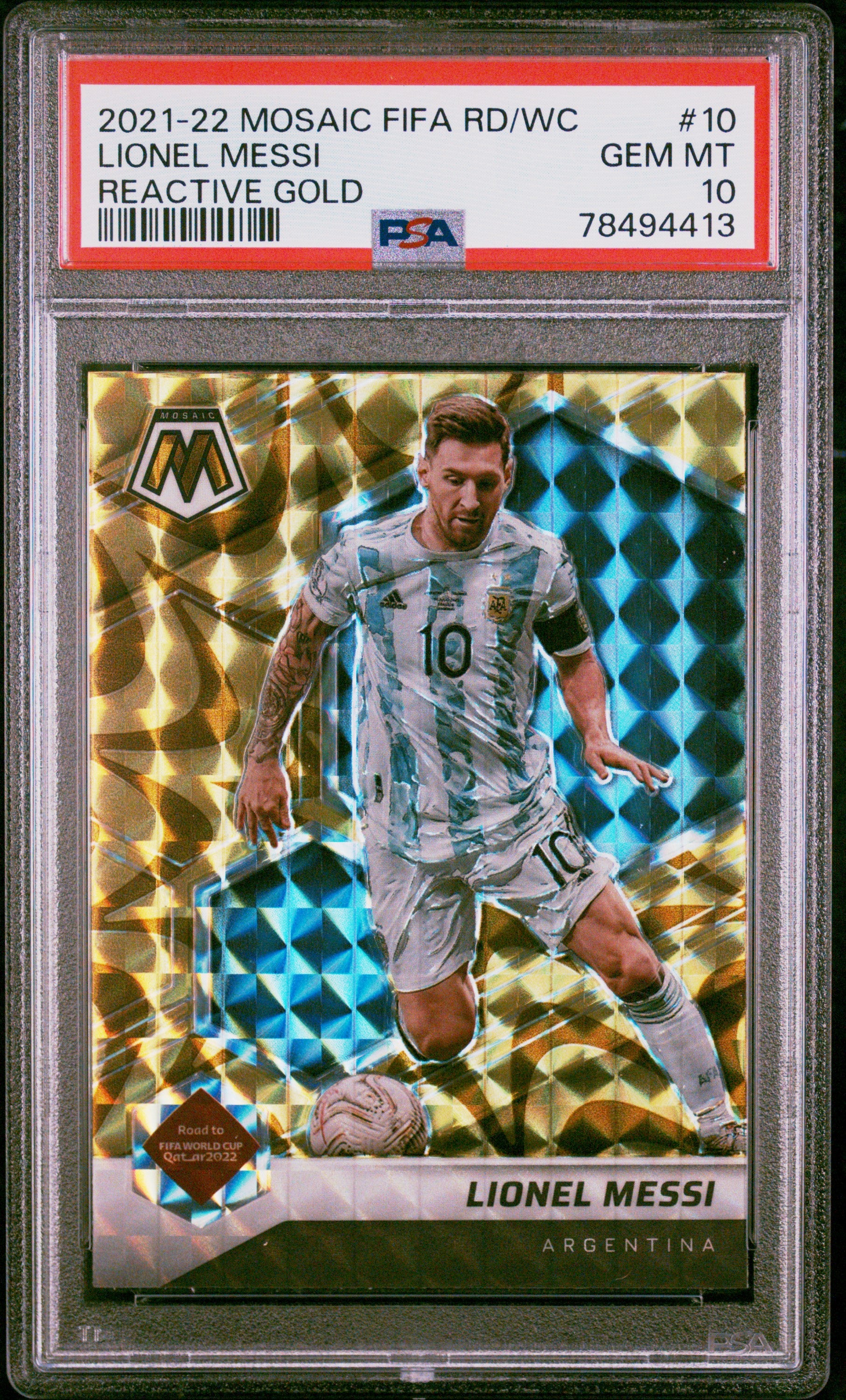 Lionel Messi 2021 Panini Mosaic World Cup Reactive Gold Soccer Card #10 PSA 10-Powers Sports Memorabilia