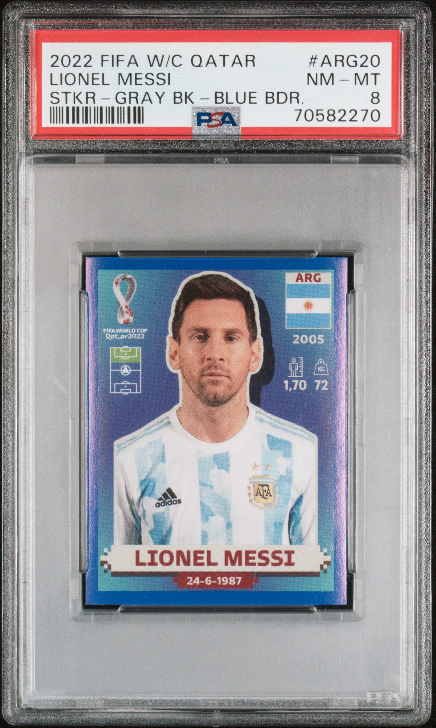 Lionel Messi 2022 FIFA World Cup Qatar Soccer Sticker Card Blue #ARG20 PSA 8-Powers Sports Memorabilia