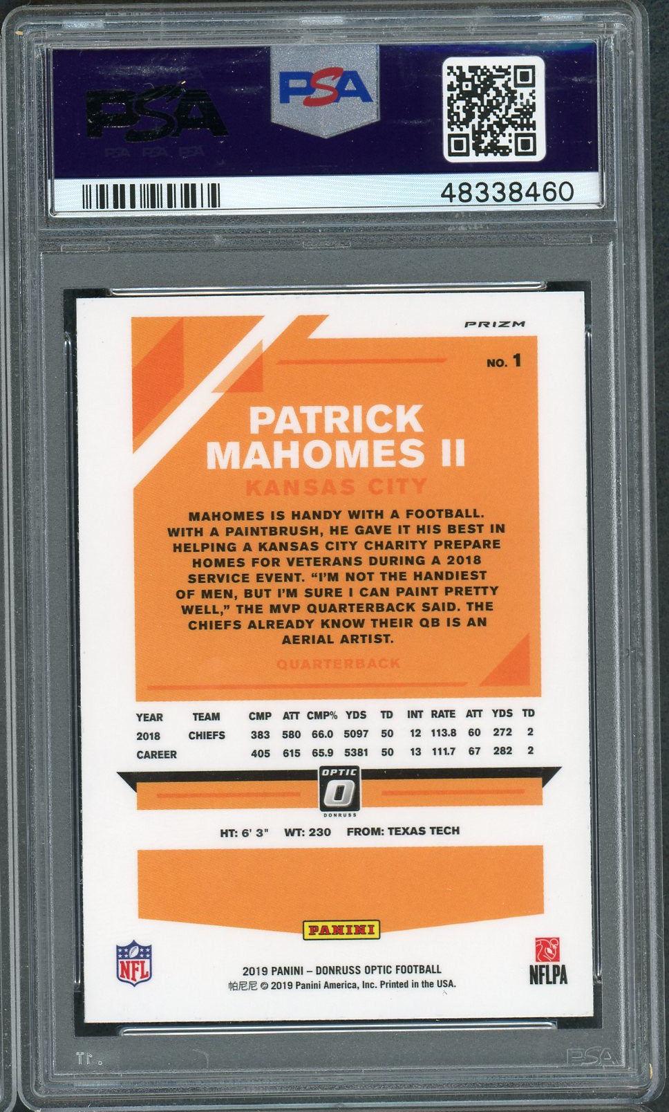 Patrick Mahomes 2019 Panini Donruss Optic Holo Prizm Football Card #1 Graded PSA 9 MINT-Powers Sports Memorabilia