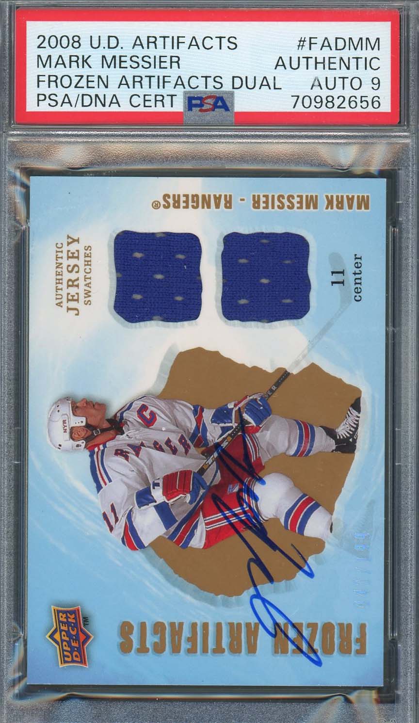 Mark Messier 2008 Upper Deck Signed Game Used Jersey Patch Dual Card Auto PSA 9-Powers Sports Memorabilia